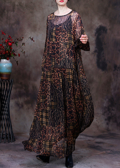 Organic Coffee O-neck Print Maxi Dress and Suspenders Two Pieces Set Fall