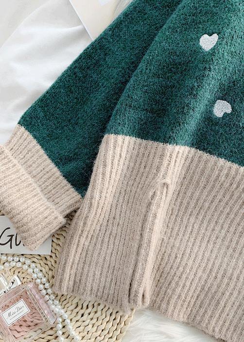 Cozy Green Heart Print Knitted T Shirt High Neck Patchwork Oversize Knitwear