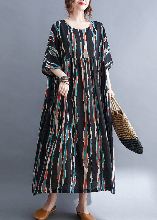 Black O-neck Print Long Dresses Half Sleeve