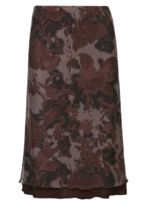 Brown Print High Waist Patchwork Tulle Skirts Summer