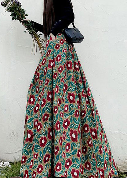 Red Print High Waist Pockets Patchwork Cotton Maxi Skirts Fall