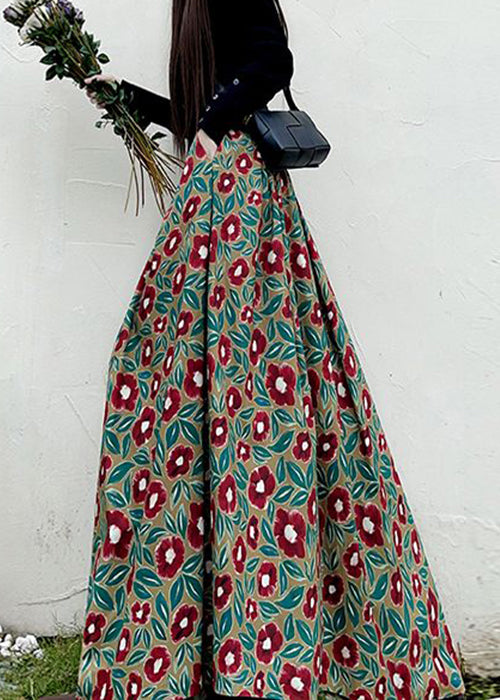 Red Print High Waist Pockets Patchwork Cotton Maxi Skirts Fall