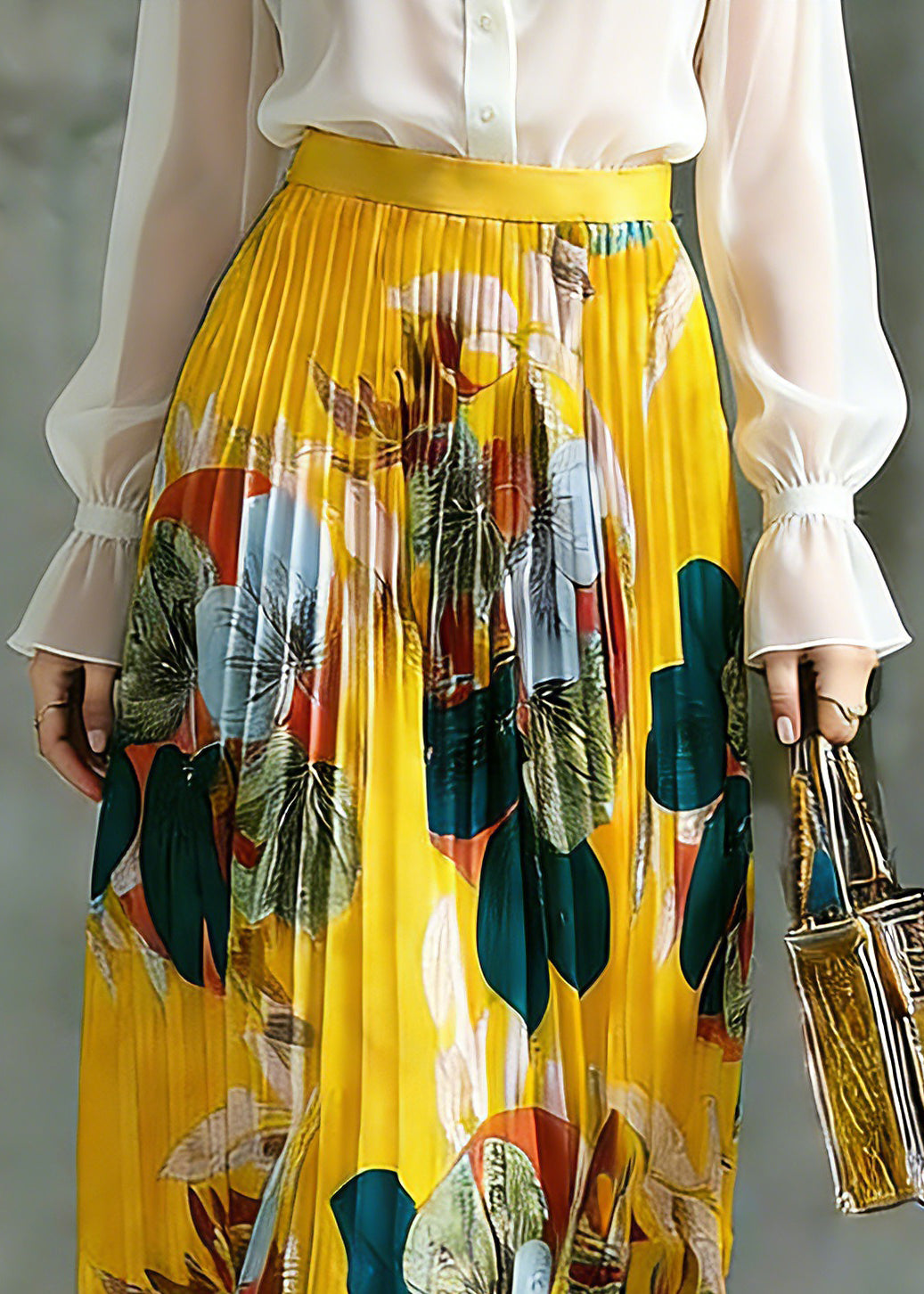 Yellow Elastic Waist a Line Skirt Spring