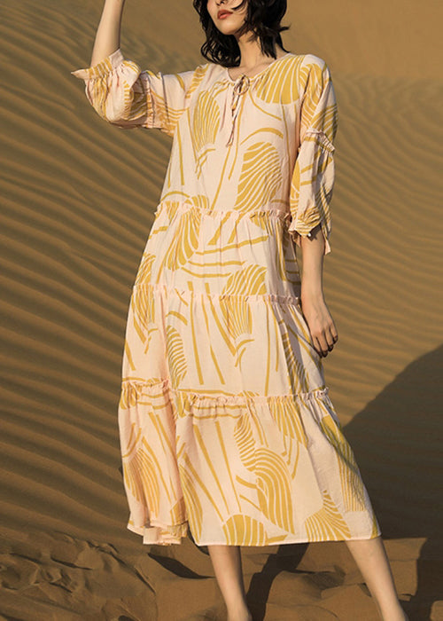 Yellow Ruffled Print Lace Up Cotton Long Dresses Half Sleeve