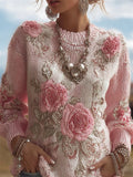Comstylish Vintage Pink Roses Beaded Embroidered Cozy Knit Sweater