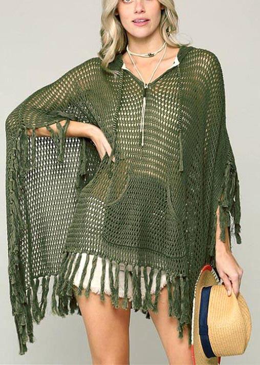 Organic Army Green Knit Fabric Hooded Tassel Beach Gown Holiday Dress
