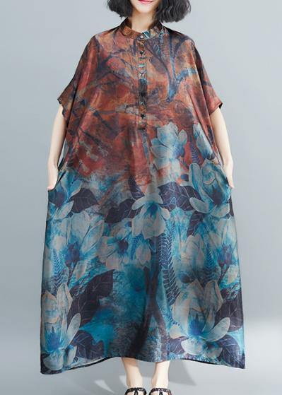 Italian Khaki Print Tunic Stand Collar Long Summer Dresses