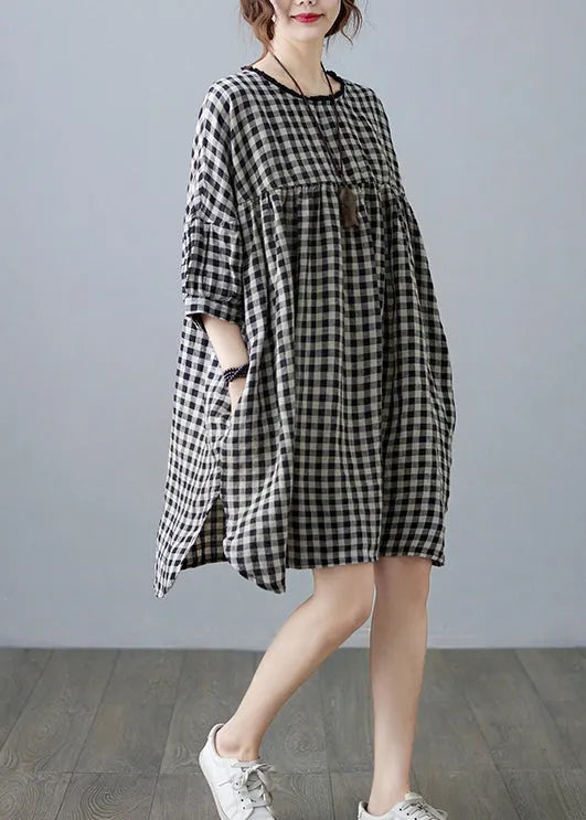 O-neck Wrinkled Pocket Plaid Linen Loose Dresses Half Sleeve
