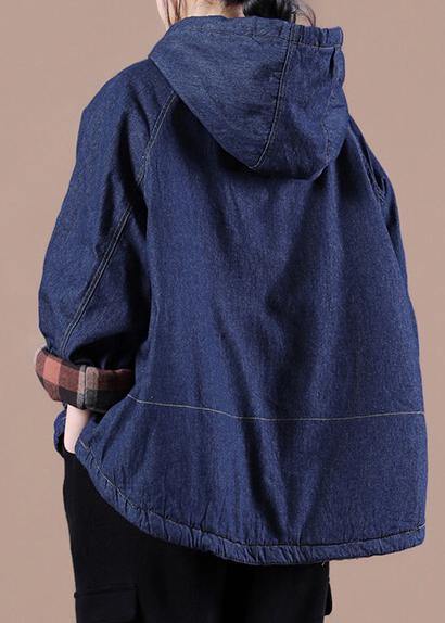 French Denim Blue Clothes for Hooded Pockets Oversized Tops