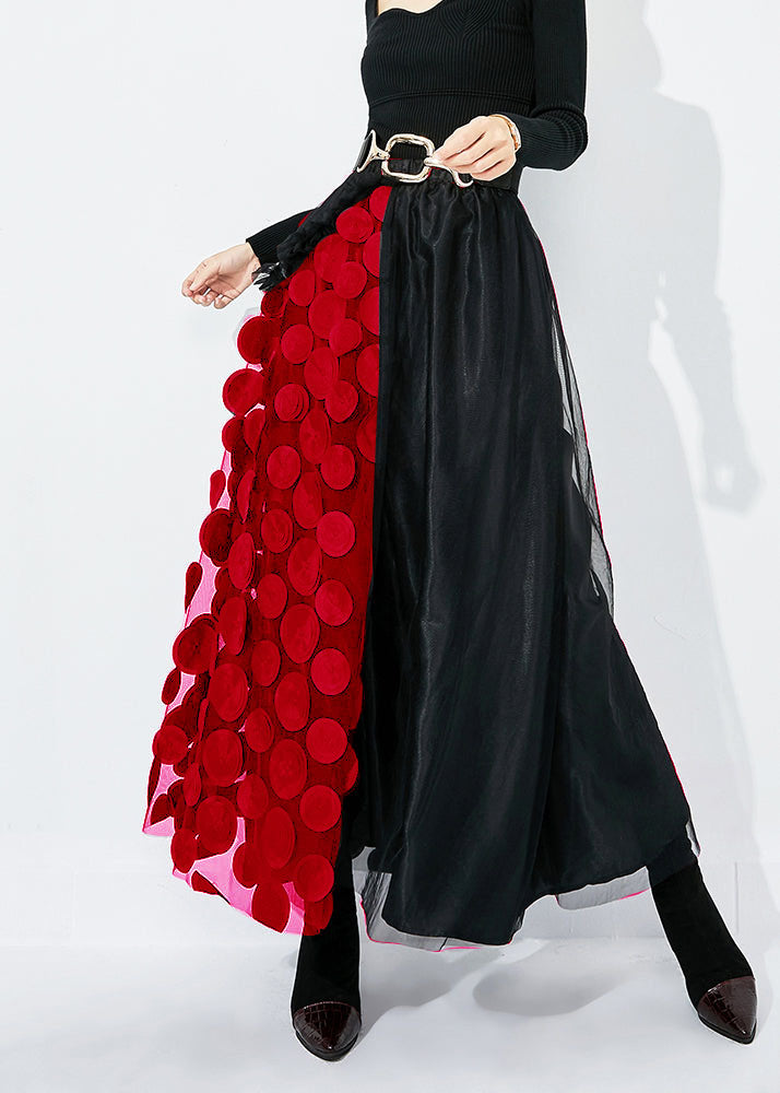 Green-black Dot Ruffled Patchwork Dot Tulle a Line Skirts Summer