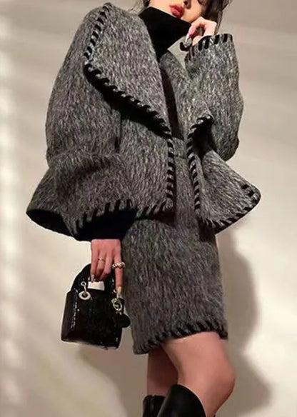 Loose Grey Pockets Patchwork Coat and Skirts Wool Two Pieces Set Long Sleeve