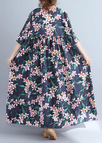 Blue Print Chiffon Quilting Clothes Half Sleeve Cinched Chiffon Summer Dress