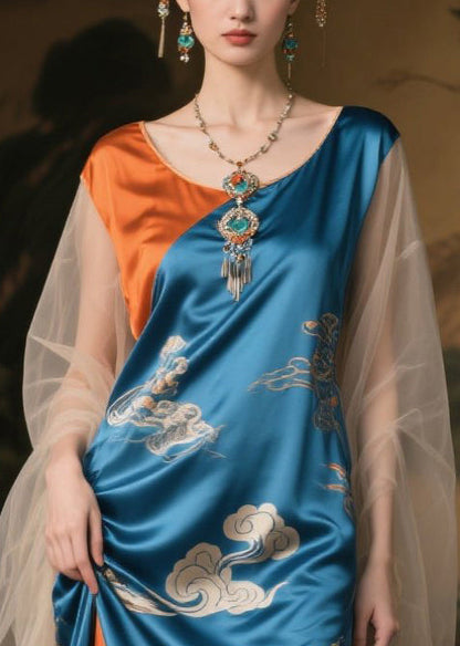 French Colorblock Asymmetrical Patchwork Tulle Silk Maxi Dress Summer