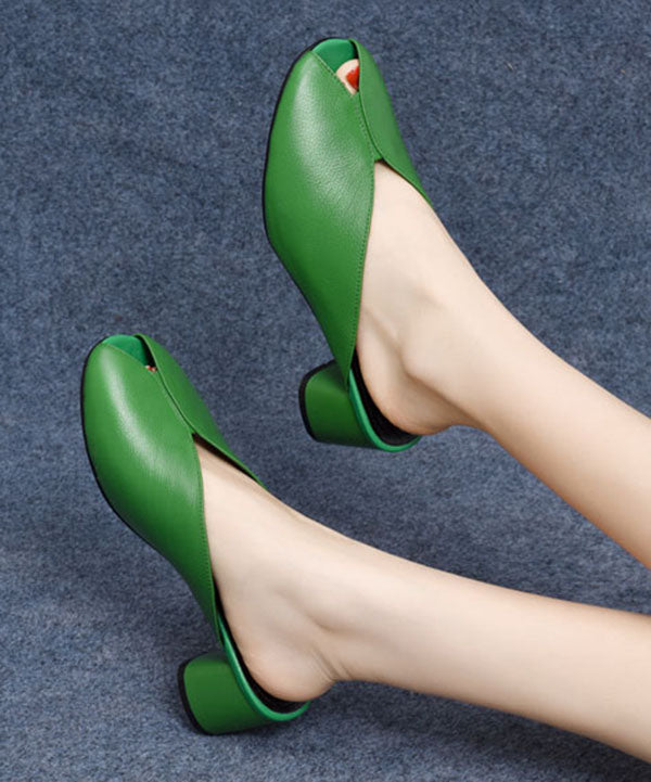 Green Splicing Cowhide Leather Chunky Slide Sandals Peep Toe