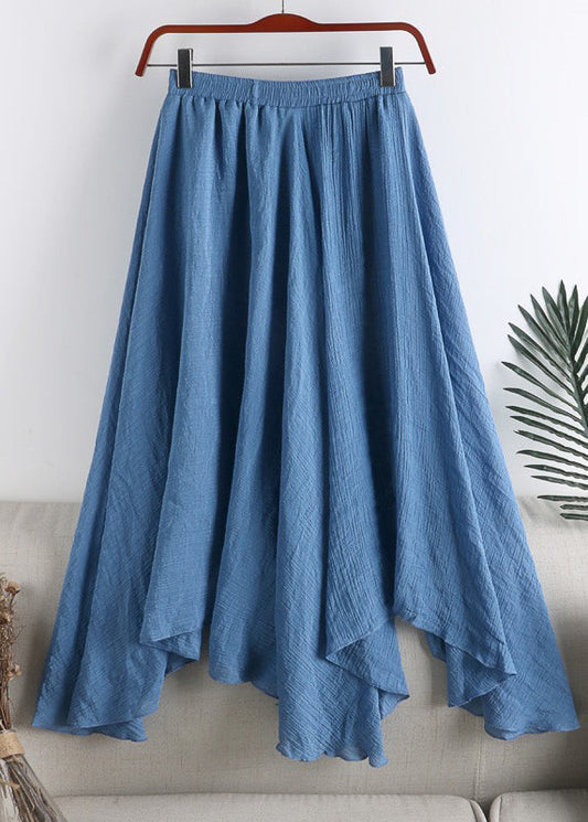 Natural Blue Asymmetrical Elastic Waist Wrinkled Linen a Line Skirt Summer