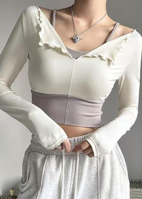White Ruffled Patchwork Fake Two Pieces Long Sleeve Yoga Top