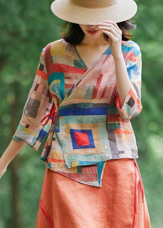 Colorblock Tie Waist Asymmetrical Design V Neck Print Blouse Tops Spring