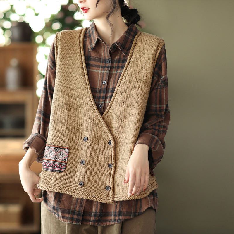Knit Loose Double-breasted Patch Vest