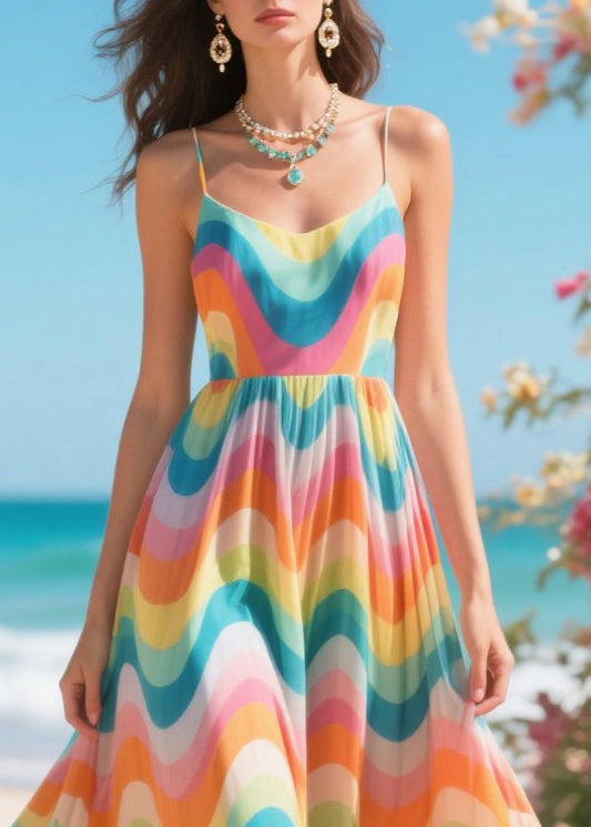 Rainbow Striped Chiffon Holiday Dress Summer