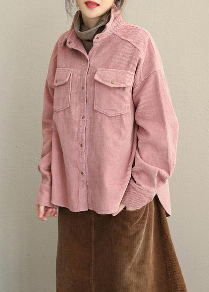 Pink and Gray Fall Loose Corduroy Short Coat for