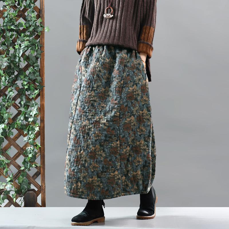 Retro Cotton Linen Quilted Thick Print Skirt