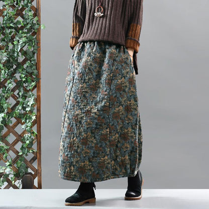 Retro Cotton Linen Quilted Thick Print Skirt