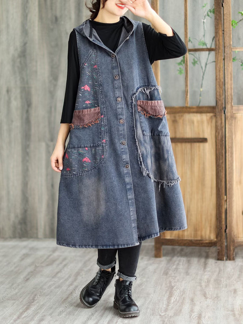 Patchwork Button Pocket Hooded Denim Vest