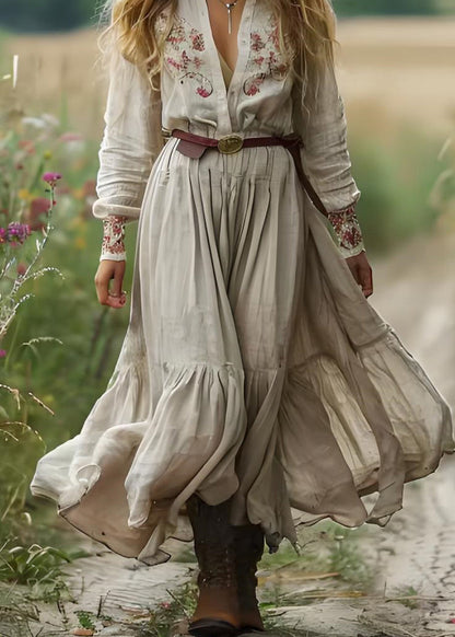 Beige V Neck Print Patchwork Cotton Long Dress Spring