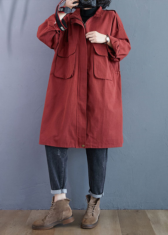 Red Stand Collar Zippered Pockets Fall Long Sleeve Trench Coats