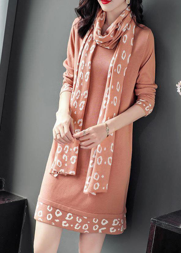 Pink O-neck Patchwork Scarf Long Knit Dress Long Sleeve