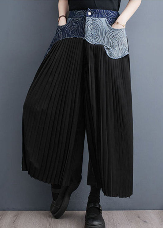 Blue Pockets Wrinkled Denim Patchwork Cotton Wide Leg Pants Skirt Summer
