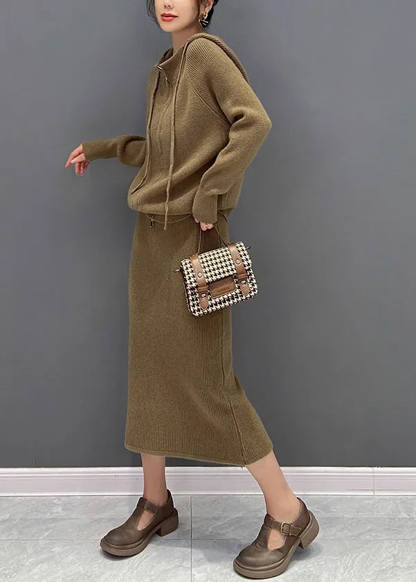 Brown Zippered Hooded Knit Sweaters and Maxi Skirts Two Piece Set Winter
