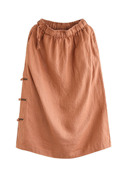 Orange Oriental Elastic Waist Pocket Linen a Line Skirts Summer