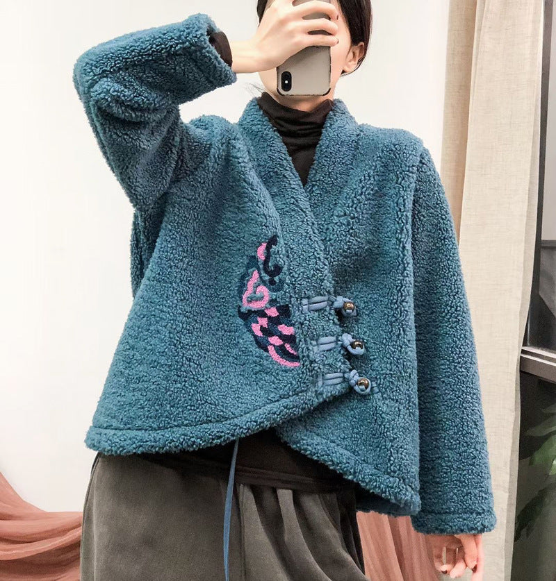 Embroidered V-neck Sherpa Wool Jacket