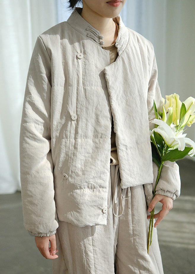Simple Apricot Stand Collar Button Pockets Fine Cotton Coats Winter
