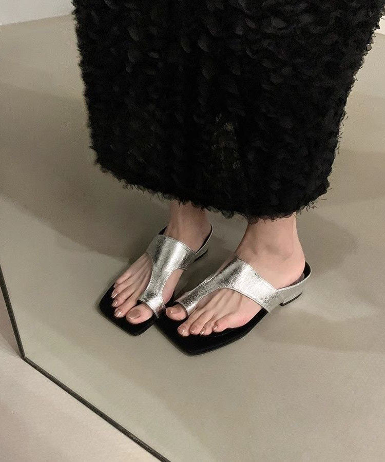 Black Faux Leather Splicing Chunky Thong Sandals