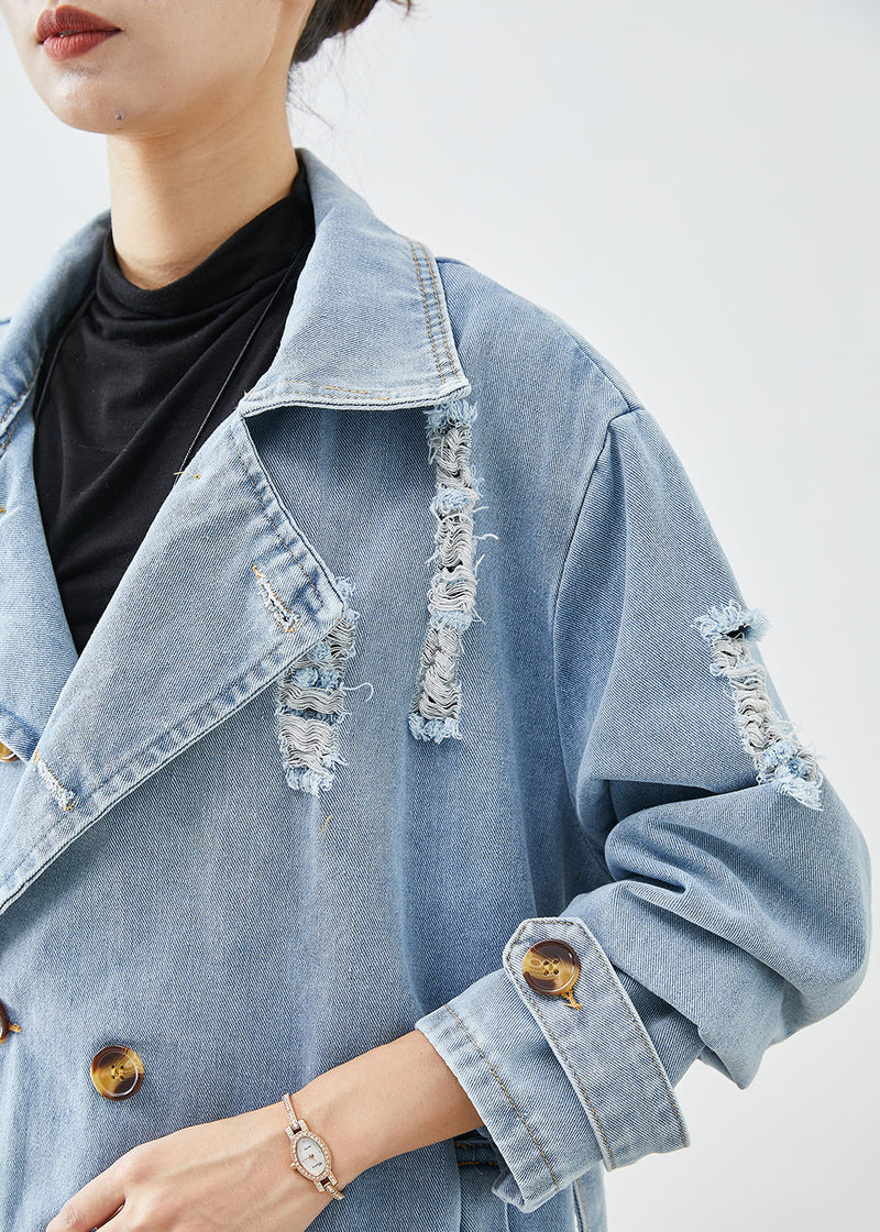 Light Blue Lapel Double Breast Denim Ripped Coats Fall