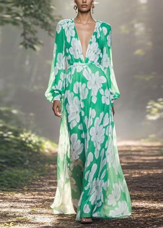 European and American Style V Neck Print Chiffon Maxi Dress Spring