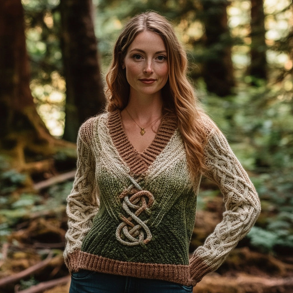 Vintage Gradient Celtic Knot V-neck Chunky Irish Aran Sweater artswardrobe