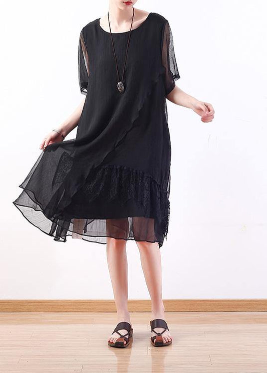 Handmade Black Chiffon Tunics for Organic Outfits Layered Loose Summer Dress