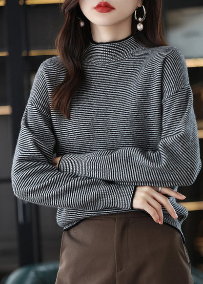 Black Turtleneck Striped Patchwork Woolen Knit Top Long Sleeve