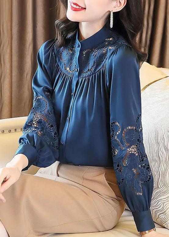 Classy Blue Stand Collar Button Hollow Out Embroidered Silk Blouses Spring