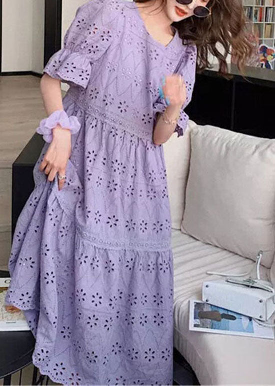 Purple Embroidered Hollow Out Patchwork Cotton Dress Puff Sleeve