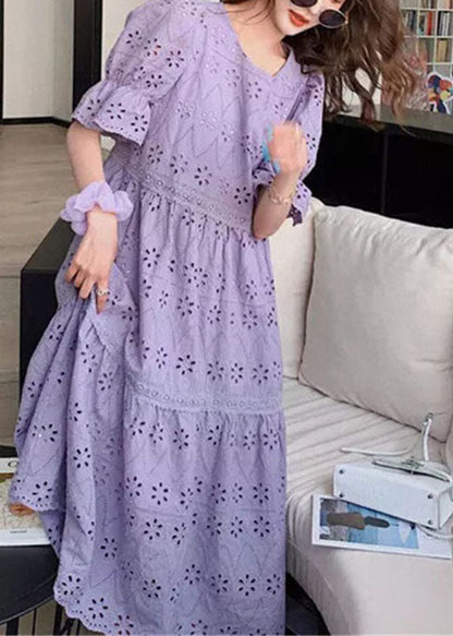 Purple Embroidered Hollow Out Patchwork Cotton Dress Puff Sleeve