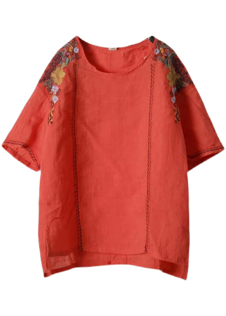 Handmade Red O-neck Embroideried Linen Tank Tops Short Sleeve