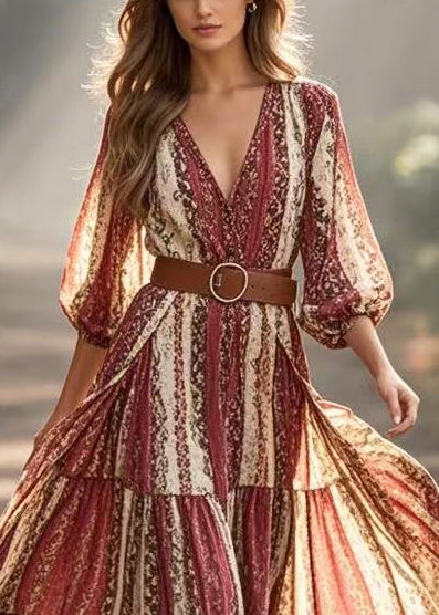 Print Exra Large Hem Cotton Cinched Dress Spring