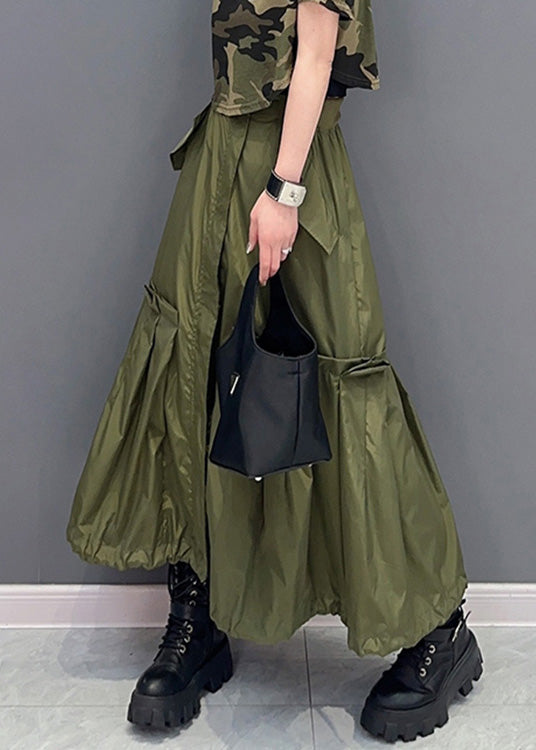 Natural Green Patchwork Elastic Waist Long Skirts Summer