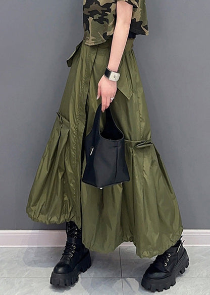 Natural Green Patchwork Elastic Waist Long Skirts Summer