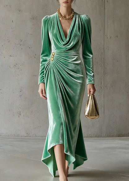 Natural Green Turtle Neck Wrinkled Silk Velvet Party Dress Spring