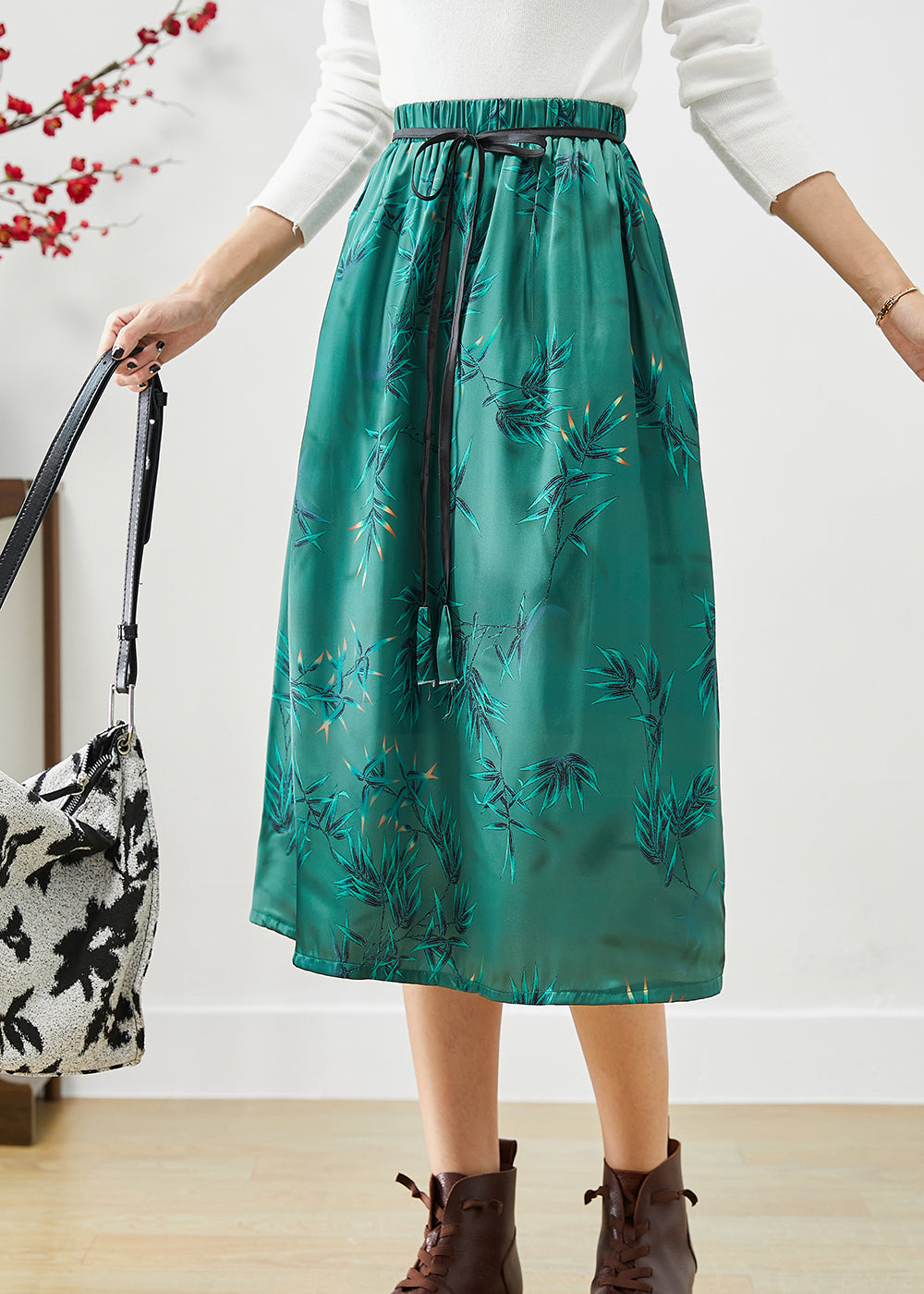 Green Embroideried Bow Silk a Line Skirt Fall